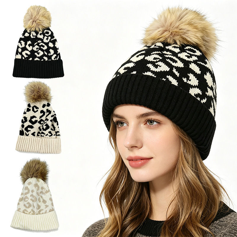 Beanie Cuffed Knit - Осенне-зимняя вязаная шапка с леопардовым принтом
